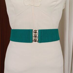 80s Vintage Wide Stretch Belt, Teal Green, Medium, 32 - 36"